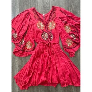 Free People Red Floral Embroidered Bell Sleeve Tassel Mini Dress Small Boho